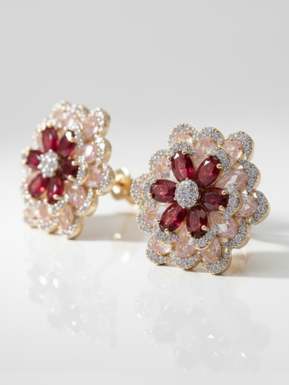 PINK RED CZ FLORAL EARRINGS